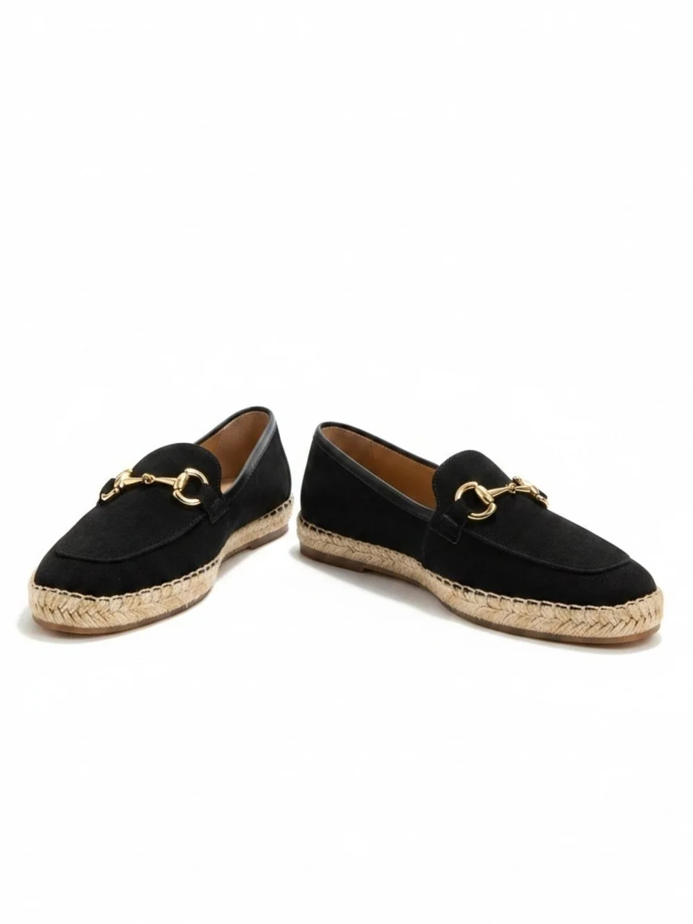 AEROSOLES Black Suede Espadrille Loafers with Gold Hardware